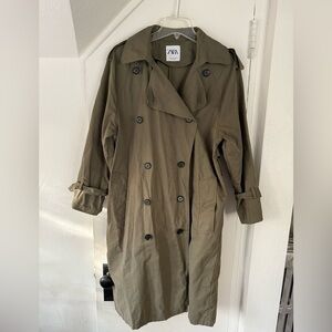 Zara Raincoat Trench Coat Olive Green Double Breasted XS